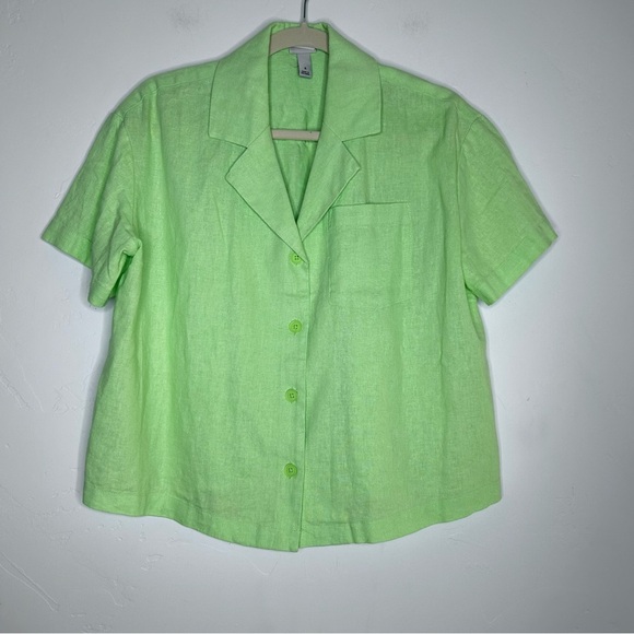 A New Day Linen Blend Lime Green Button Front Blouse Size Small Boxy Fit Cruise - Picture 1 of 11